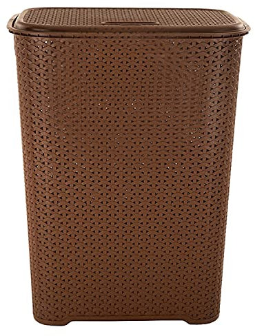 Large Laundry Basket with Flip Lid Knit Design Plastic Hamper Washing Baskets Freestanding Sturdy Tall Laundry Sorter Bin Storage Basket Linen Clothes Box (65L Knit Design, Brown)