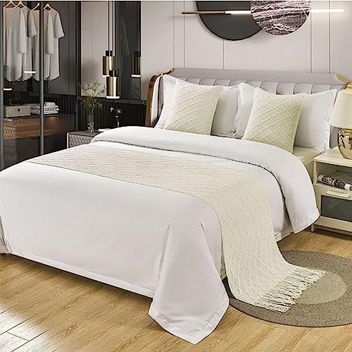 Morbuy Moderne Hotel Bettläufer Schals Quasten Schal Bettlaufer Bettschal Bettschwanz Handtuch Dekoration Für Einzel Queen King Size Bett Flagge (1 pc Kissenbezug 45x45cm,Weiss)