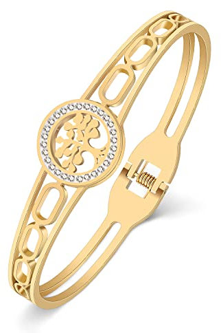 NEWEI Bracelet Arbre De Vie En Acier Inoxydable 18k Plaqué Or Bijou Lucky L'arbre de vie Charms D'anniversaire Pour Les Femme Les Mères Et Les Filles (18 Carats Plaqué Or B)