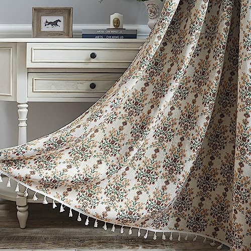 ENJOYBRIDAL Vorhänge mit Blumenmuster, 244 cm Länge, 2 Paneele, Vintage-Blumenmuster, Boho, halbtransparente Quaste, rustikale Landhausstangentasche, botanisches Bauernhaus, Fenstervorhang für