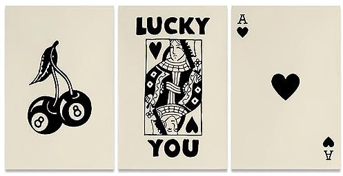 OPPQRRS 3 Stück flippige schwarz-weiße Lucky You Poker Poster - Vintage Girly Preppy Cherry Leinwand Wandkunst - Trendy Ace Of Hearts Spielkarte Drucke Dekor für Teenager Mädchen Schlafzimmer Wohnheim