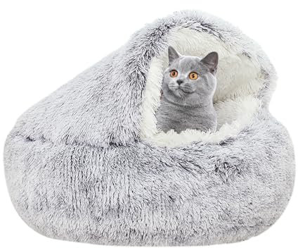 YUDANSI Lit Couvert pour Chat, 40cm Intérieur Extérieur Apaisant lit pour Chat Et Petit Chien avec Grande Capuche, Antidérapante Anti Anxiété Fausse Fourrure Panier pour Chat avec Plafond
