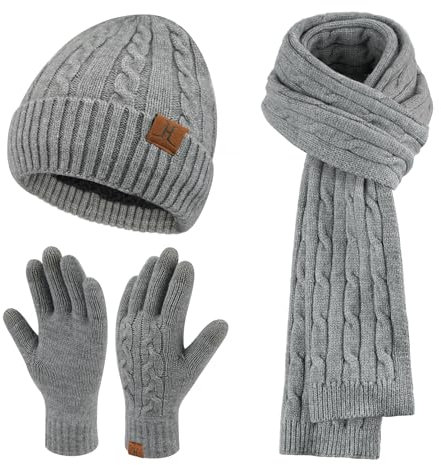 ZASFOU Donna Cappello Invernale Sciarpa Guanti Touch Screen Set Caldo Pile Foderati in maglia Berretto Cappelli Sciarpe lunghe Guanto Regalo per Donna compleanno Natale