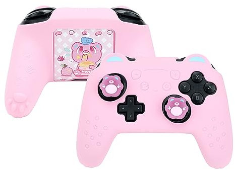 GeekShare Cute Bear Controller Skin Set Housse de Protection en Silicone antidérapante pour Manette Switch Pro avec 2 Capuchons de Prise en Main et 1 Autocollant - Rose