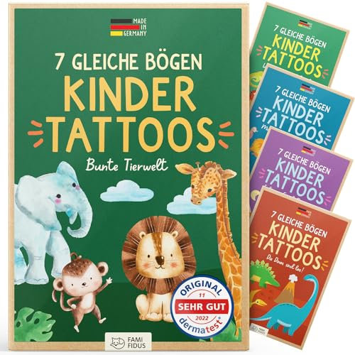 Famifidus +115 Hautfreundliche Temporäre Tattoos I 7 Gleiche Bögen I Dermatologisch SEHR GUT I Kinder Tattoo MADE IN GERMANY I Tattoos für Kinder (Bunte Tierwelt)