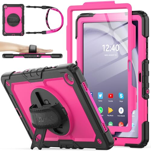 SEYMAC stock Hülle für Samsung Galaxy Tab A9 Plus/ A9+ 11 Zoll, Stoßfeste Hülle mit Displayschutz, 360° Drehbarer Ständer/Handschlaufe, Stifthalter & Schultergurt, Rose