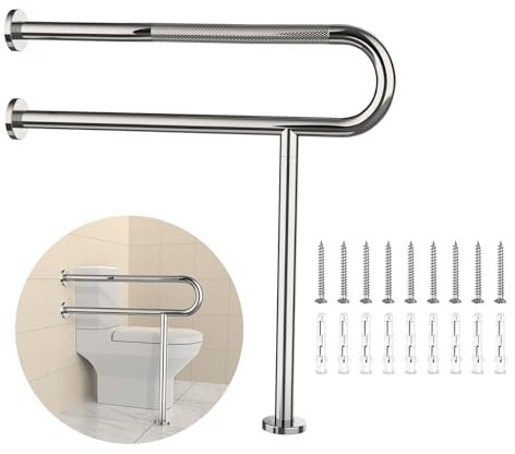 Toilet Grab Bar 31.3 Inch with Leg, YuanDe Chrome Anti-Slip Toilet Handrail, Wall & Floor Mounted Stainless Steel Grab Bar, Knurled Handicap Support Rail for Elderly, Disabled, Pregnant
