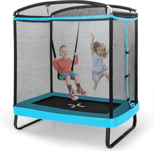GOPLUS 2 in 1 Kindertrampolin, 190x124,5x210 cm Gartentrampolin Set mit Schaukel, rechteckiges Outdoortrampolin mit Sicherheitsnetz & Randabdeckung, Fitnesstrampolin für Kinder ab 3 Jahren