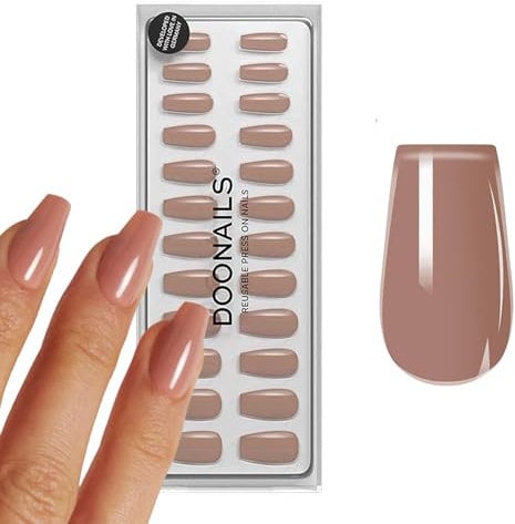 DOONAILS Soft Gel Press On Nails 30er Set Espresso Coffin Form Nude Nägel zum Aufkleben Full Cover in Salonqualität Fake nails soft gel Medium Natürliches & angenehmes Tragegefühl