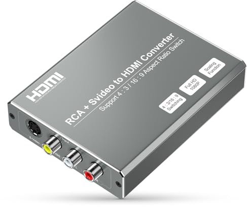 RCA Svideo to HDMI Converter with 4 : 3/16 : 9 Aspect Ratio Switch, S-Video RCA to HDMI Adapter, Support 720P/1080P Output Switch for VHS/VCR/DVD Player/Wii/PS1/PS2/N64/NGC/NES to View on HD TVs