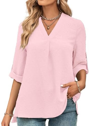Tanmolo Bluse Damen 3/4 Ärmel mit V-Ausschnitt Elegant Oberteile Casual Swiss Dot Tops Tunika Hellrosa, XXL