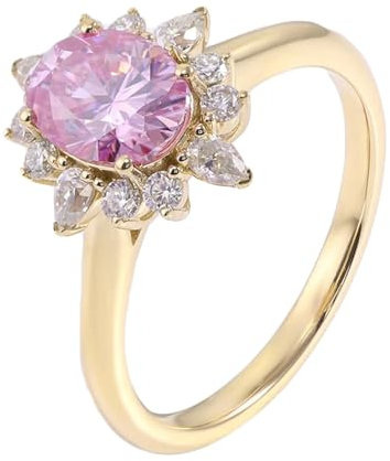 Wycian Ring Damen Luxus, Gold Ringe Frauen 14K Gelbgold Blume Größe 61 (19.4) 2 Moissanit 2Ct Ovalschliff Rosa Personalisiert Für Geburtstag