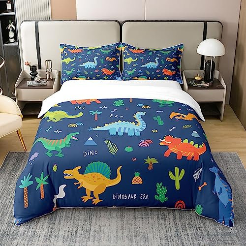 Loussiesd Dinosaurier 100% Baumwolle Bettwäsche Set,3D Digital Drucken Bettwäsche-Set Room Decor, Weich Jungle Dino Blau Bunte Dekorative Bettwäsche-Set für 135x200cm ES