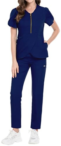 Gefomuofe Krankenpflege-Uniformen, Arbeitskleidung, Krankenschwester-Uniform-Set Reißverschluss kurze Ärmel Bürsten Kittel Stretch Krankenschwester Hose