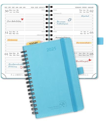 POPRUN Taschenkalender 2025 Klein Ringbuch mit Softcover, ca. A6 (16 x 10,5 cm) - Kalender 2025 Klein (Jan.2025-Dez.2025) - Terminplaner 1 Woche 2 Seite mit Plastiklineal - Blaugrün