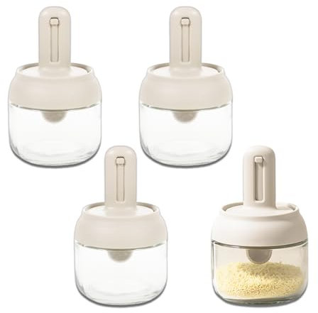 WUMUZAI 4 Pack Glass Seasoning Jars with Retractable Spoon Lid, 280ml Empty Spice Jars, Airtight Sugar Holder, Clear Condiment Salt Pepper Containers, Coffee Bar Kitchen Countertop Canisters