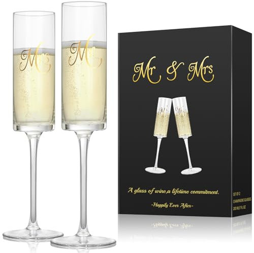 AstraLoom Mr & Mrs Printed Champagne Flutes Set of 2-210ml Wedding Glasses with Gift Box