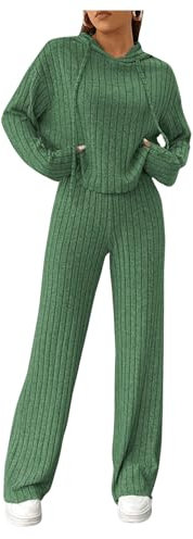 GORGLITTER Hose Und Pullover Set Damen Strick Set Zweiteiler Outfit Langarm Hoodie Und Hose Set Jogginganzug Freizeitanzug Grün S