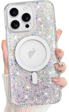 Bonoma Schutzhülle für iPhone 15 Pro, glitzernde Rückseite, magnetische Unterstützung für MagSafe, stoßfest, kristallklar und robust, für Mädchen und Frauen, glitzernder Glitzer