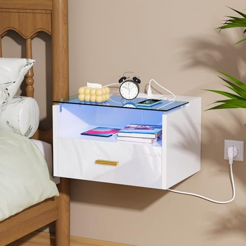 CHOWGOLI Nachttisch Hängend, Nachtschrank Wandmontage mit Steckdose und Ladefunktion, mit LED-Streifen, Nachttisch schwebend mit 1 Schubladen und 1 Offenem Fach, 42x30x24.5 cm, Weiß