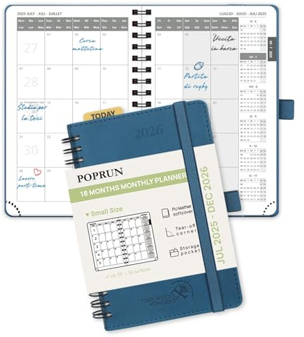 POPRUN Kalender 2025 2026 Monatsplaner 16 x 10,5 cm - 18 Monate Monatskalender Ringbuch A6 (Jul.2025-Dez.2026) - 1 Monat 4 Seiten, Softcover mit PU-Leder, 100 GSM Papier - Marineblau