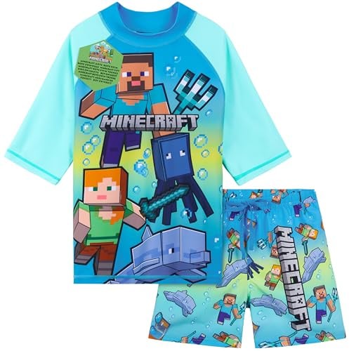 Get Trend Minecraft Swimsuit Set for Boys Teenagers 2 Pcs with Swimming Trunks Creeper Boys Rash Vest for Swimming Beach Trip Gamer Holiday Essentials (13-14 Years, Blue/Green Minecraft)