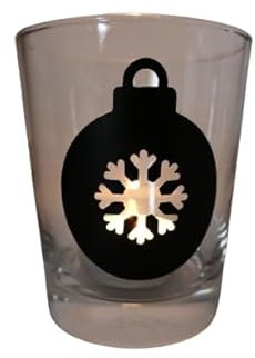 Lichtidee Teelicht Glas Windlicht Tischlicht Print schwarz mit Weinachtskugel Schneeflocke Handmade Unikat Maritim Geburtstag Ostern Muttertaggeschenk, Höhe 9cm,