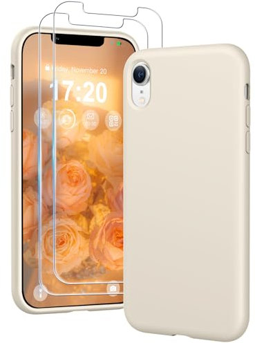 PuyaTeya 3 in 1 Hülle für iPhone XR, mit 2 Stück 9H Panzerglas Premium Liquid Silikon Hülle, mit 4-Layer stoßfeste abriebfestes, Soft Mikrofaserfutter Kratzfes Schutzhülle für iPhone XR(Beige)