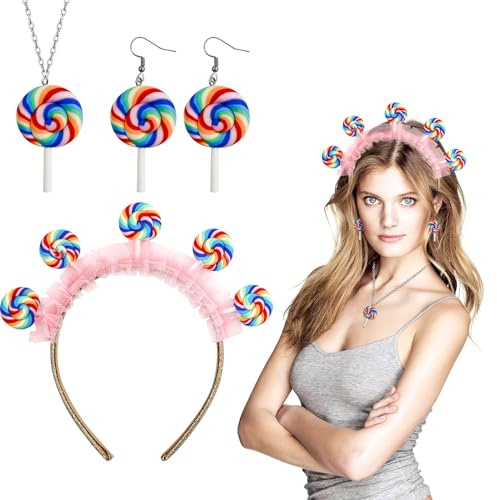 Süßigkeiten Lollipop Kostüme für Damen,Candy Girl Kostüm Damen | Fasching Karneval Lollipop Haarreif Haarschmuck,Lollipop Ohrringe,Lollipop Halskette,Candy Kostüme Cosplay Zubehör