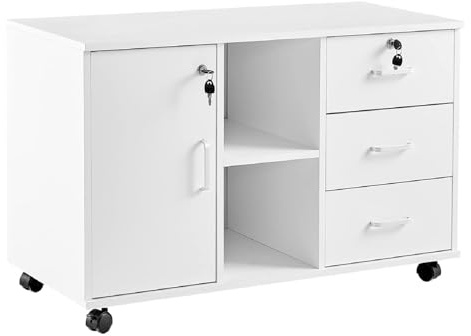 ZBAOLTO Abschließbarer Rollcontainer, mit 3 Schubladen Eine Tür,Weiß Holz | 5 Rollen, für Büro, Homeoffice, Arbeitszimmer,90×40×57cm, stabiler Holzwerkstoff
