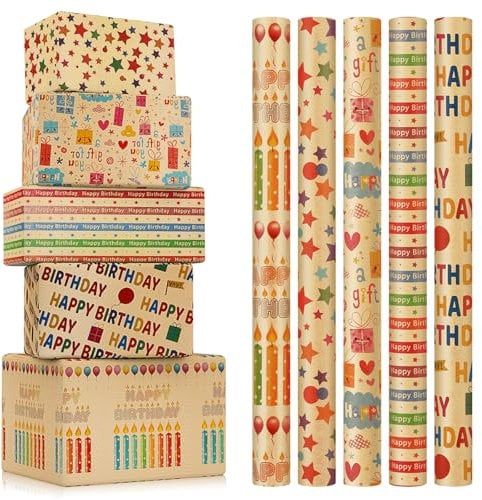 CHEPULA Geschenkpapier Geburtstag Kinder 5 Rollen, 43 cm x 300 cm Geschenkpapierrollen Jungen, Braun Kraftpapier Recycelbar Geschenk Papier, Birthday Gift Wrapping Paper für alle Geburtstagsanlässe