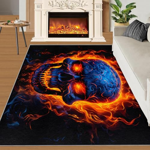 XEODIAT Flame Horror Skull Area Rug Gothic Skull Rugs Living Room for Bedroom Dining Home Office Soft Rugs Carpets 50 x 80 cm