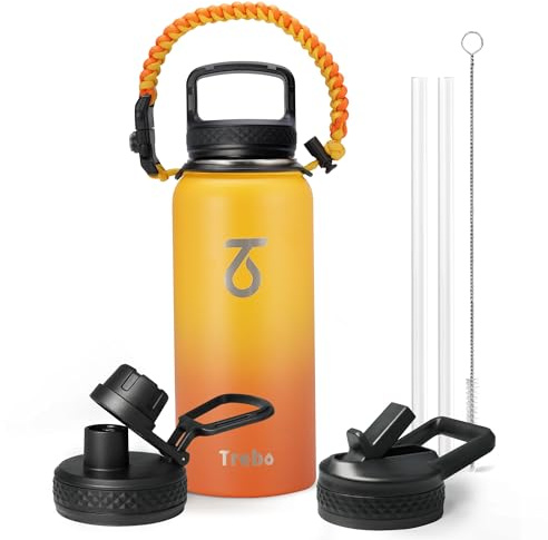 Trebo 32oz Water Bottle Insulated with Lid and Straw,Double Wall Vacuum Stainless Steel Metal Tumbler Sports Flask with Paracord Handle, Keep Hot 24 Hours & Cold 48 Hours Water Cup with 3 Lids, Orange