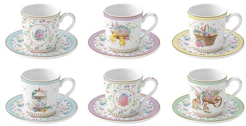 Easy Life Lot de 6 tasses à café expresso en porcelaine de Pâques avec lapins et œufs « Spring Bloom » 100 ml