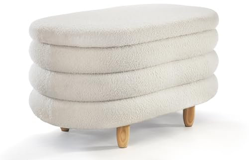 Kobolo Sitzbank THEMBA, weiß, 90x50x48 cm, Polsterbank aus Bouclé-Teddystoff mit Stauraum, gemütliche Truhenbank mit Plüschstoff, Scandi Bank für den Innenbereich