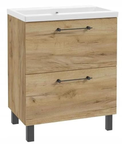 .Deftrans Waschbeckenunterschrank 80x80 cm mit waschbecken – Badezimmer Unterschrank Eiche Craft, stehend mit 2 Schubladen Soft-Close, Badmöbel mit Füßen