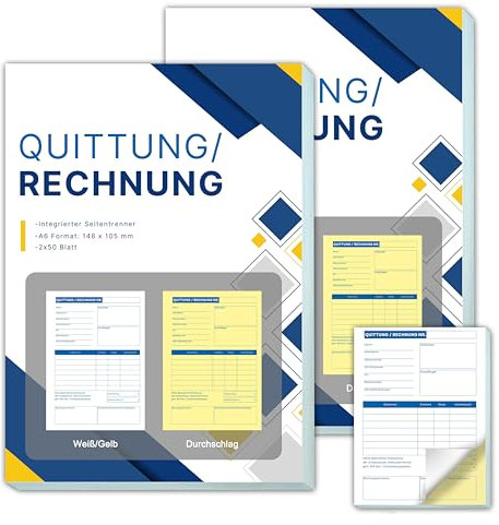 Yezirzax 2 Stück A6 Quittungsblock mit Durchschlag, 2 x 50 Blatt Quittungsblock Kleinunternehmer, Rechnungsblock Durchschreibend für Kleinunternehmer Vereine Selbständige