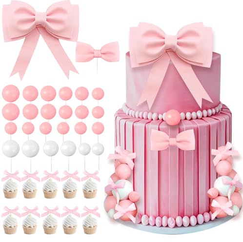 Decorazione Torta con Fiocco Gigante, 36 Pezzi Cake Topper Fiocco Rosa, Topper Foam Ball Torta, per Donne Ragazze Decorazioni per Feste di Matrimonio di Compleanno