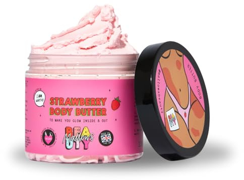 Mallows Beauty Strawberry Shea Body Butter, with Essential Oils, Vitamin A, Vitamin E, and Shea Butter, Gently Exfoliates and Brightens Skin, Vegan, 180g