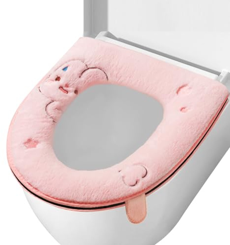 Durdiiy Bathroom Soft Thicker Toilet Seat Cover Pads Warmer Stretchable Washable Cartoon Pattern with Handle and Zipper Reusable Fits All Toilet Seats (Rabbit)