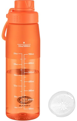 GOPPUS 1L/32oz Clear Tritan Water Bottle with Screw Lid, Drinks Bottle with Wide Mouth, Fruit Infuser, Leakproof, BPA Free, Carry Handle, Measurement Markings, Dust Cap (Orange)