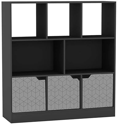 URBNLIVING Asymmetrical 8 Cube Black Bookcase – Freestanding Storage Shelf Unit with 3 Doors - Geo Design Doors - Grey