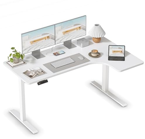 FEZIBO Electric Standing Desk, Height Adjustable 140 x 80 Gaming L-Shaped Desk, Sit-Stand Office Desk for Home Office, Ergonomic Computer Desk with Spliced Board,White