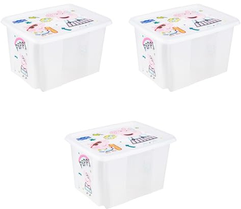 keeeper Karolina 3 x Peppa Pig Storage Box with Lid, Rotatable and Stackable, for Kids, 30 Litres, Transparent