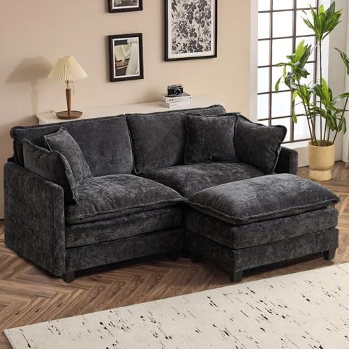 Modulares Sofa mit Doppelpolsterung, Schwarz, 2 Sitze + 1 Fußhocker | Chenille Stoff mit Kissen & Armlehnen. Niedrige Sitzfläche, flache Füßen. Ideal für Wohnzimmer, Schlafzimmer & Wohnungen.