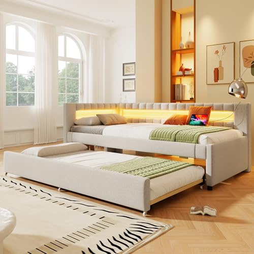 Xwiny Schlafsofa 90x200 cm mit LED-Lichtleiste, Tagesbett Daybett mit Ausziehbett und USB + Type-C, Lattenrost aus Holz, Leinen, Beige (Ohne Matratze)