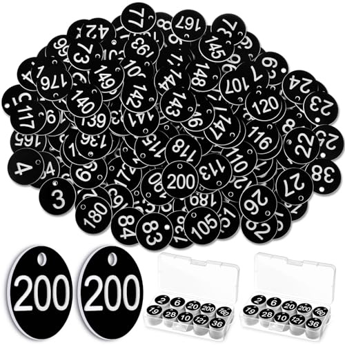 Tenare 2Set 1-200 Étiquettes Numérotée en Plastique Jetons Numérotés 1-200 | Numéros 1 à 200, Jetons Numérotés 1-200, Porte-Clé Étiquette 1-200 avec Trou pour Vestiaire Hôtel, sans Anneaux(Noir)