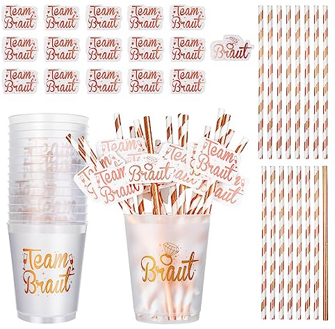 16 Stück JGA Becher Team Braut Zubehör Set für Frauen Frau, Rosegold Team Bride Tribe Plastik Tassen Trinkbecher Mit Strohhalm Bride To be Aufkleber Accessoires Deko für Junggesellenabschied Party