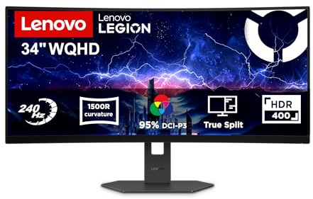Lenovo Legion 34W-2c | 34 WQHD Gaming Monitor | 3440×1440 | 21:9 | 240 Hz | 0.05ms Reaktionszeit | HDMI 2.1. | DisplayPort | 3-seitig-Panel Höhenverstellbar | AMD FreeSync Premium | Schwarz