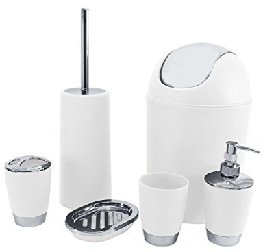 BATHROOM SET 6 PIECE ACCESSORY BIN SOAP DISH DISPENSER TUMBLER TOOTHBRUSH HOLDER (WHITE)